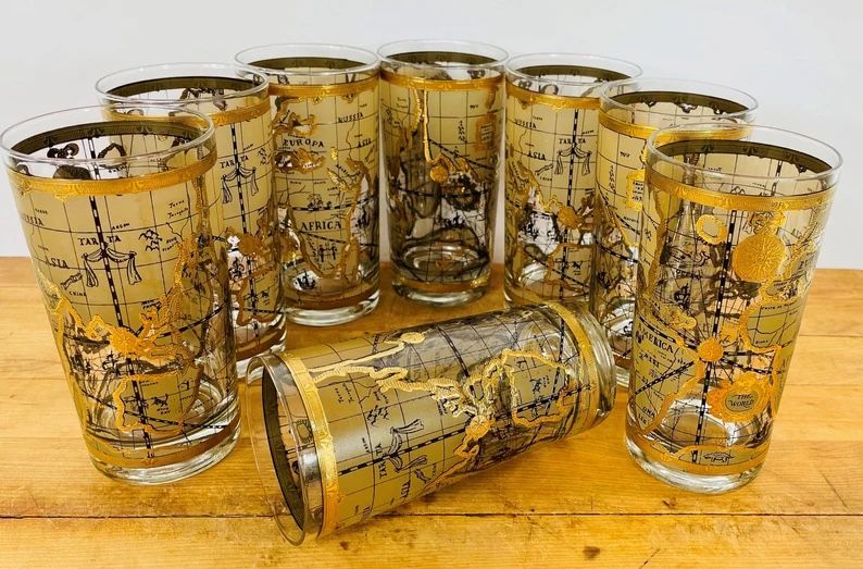 Vintage Cera High Ball World Map Glasses