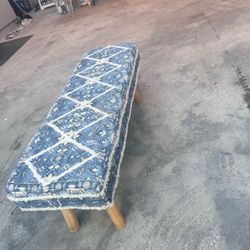 Blue Patterned Upholstered Bench with Wood Legs