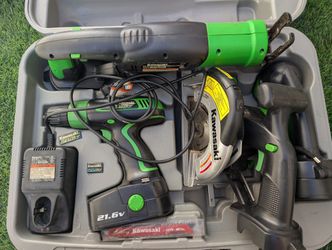 KAWASAKI 21.6V CORDLESS KIT W/ CIRCULAR SAW, LIGHT, RECIP SAW, DRILL, & CHARGER