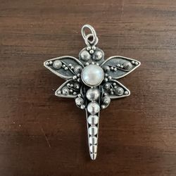 Vintage 925 Silver Dragonfly Pendant With Pearl
