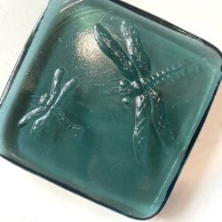 Thick Blue Raised Dragonfly Glass Tile / Paperweight / Sun Catcher / Candle Holder approx 4.5" square