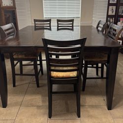 Large Dark Wood Dining Table Set with 6 Chairs