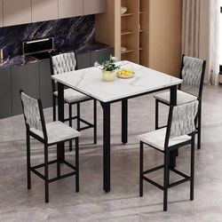 K584 $150  5-Piece Dining Table Set, Kitchen Table Set for 4 (White) Counter Height Table & 4 Velvet Bar Stools, Modern Compact Dining Set for Small S