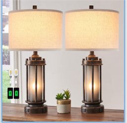 Set of 2 Farmhouse Table Lamps for Living Room with USB C+A Ports  Rustic Vintage Bedroom Nightstand Lamp, Built-In Frosted Glass Night Light for End 