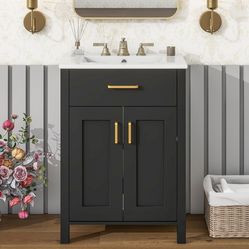 Assembled New 24” Solid Wood Frame Black Bathroom Vanity with Ceramic Sink Bathroom Vanity Cabinet