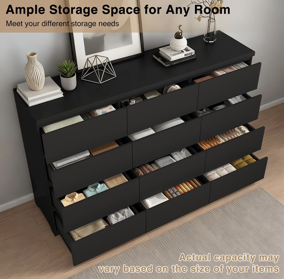 12 Drawer Dresser, 63 Inch Long Dresser with Deep Drawer Organizer, Modern Storage Organizer, Chest of Drawers with No Handles for Closet, Living Room