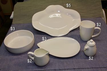 6-piece White Porcelain Tableware. Brand New. Numerous inventory.