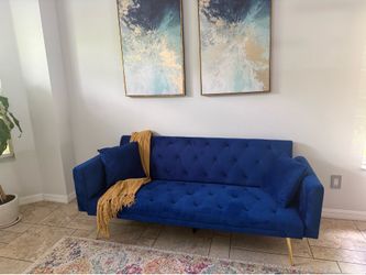 Blue Velvet Tufted Sofa with Gold Legs