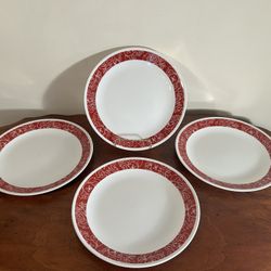 Set of 4 Corelle Vitrelle Bandhani Red Trim Dinner Plates 10.25” Diameter