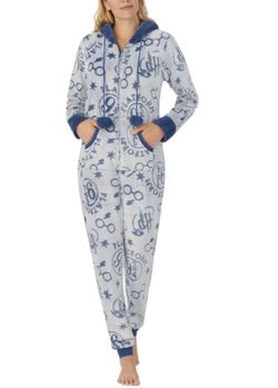 Harry Potter Blue Fleece One Piece Full Zip Pockets Tassel Poms Hooded Sz S