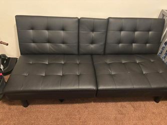 Black Faux Leather Tufted Futon Sofa