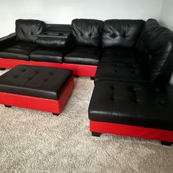 Leather Red And Black Couches 