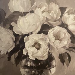 White Floral Bloom Bouquet. Hand Embellished Art - Framed Canvas