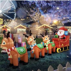 EAONE 12 Ft Christmas Inflatables Outdoor Decorations Giant Blow Up Yard Decorations Inflatable Santa Claus on Sleigh and 3 Reindeer, with Built-in LE