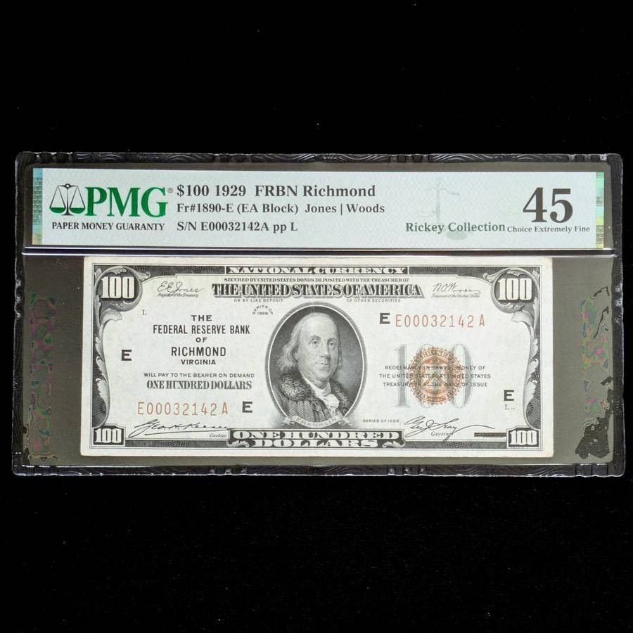 Rare 1929 vintage $100 bill Federal Reserve Bank of Richmond PMG graded Choice EF 45 brown seal low serial note