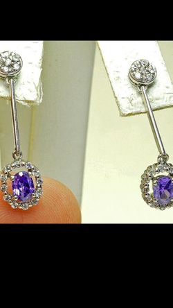 Modern 14k white Gold Faux diamond & Blue Stone Long dangle Ladies Earrings