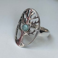 Tree of Life ring with blue stone 925 Sterling Silver Size 8