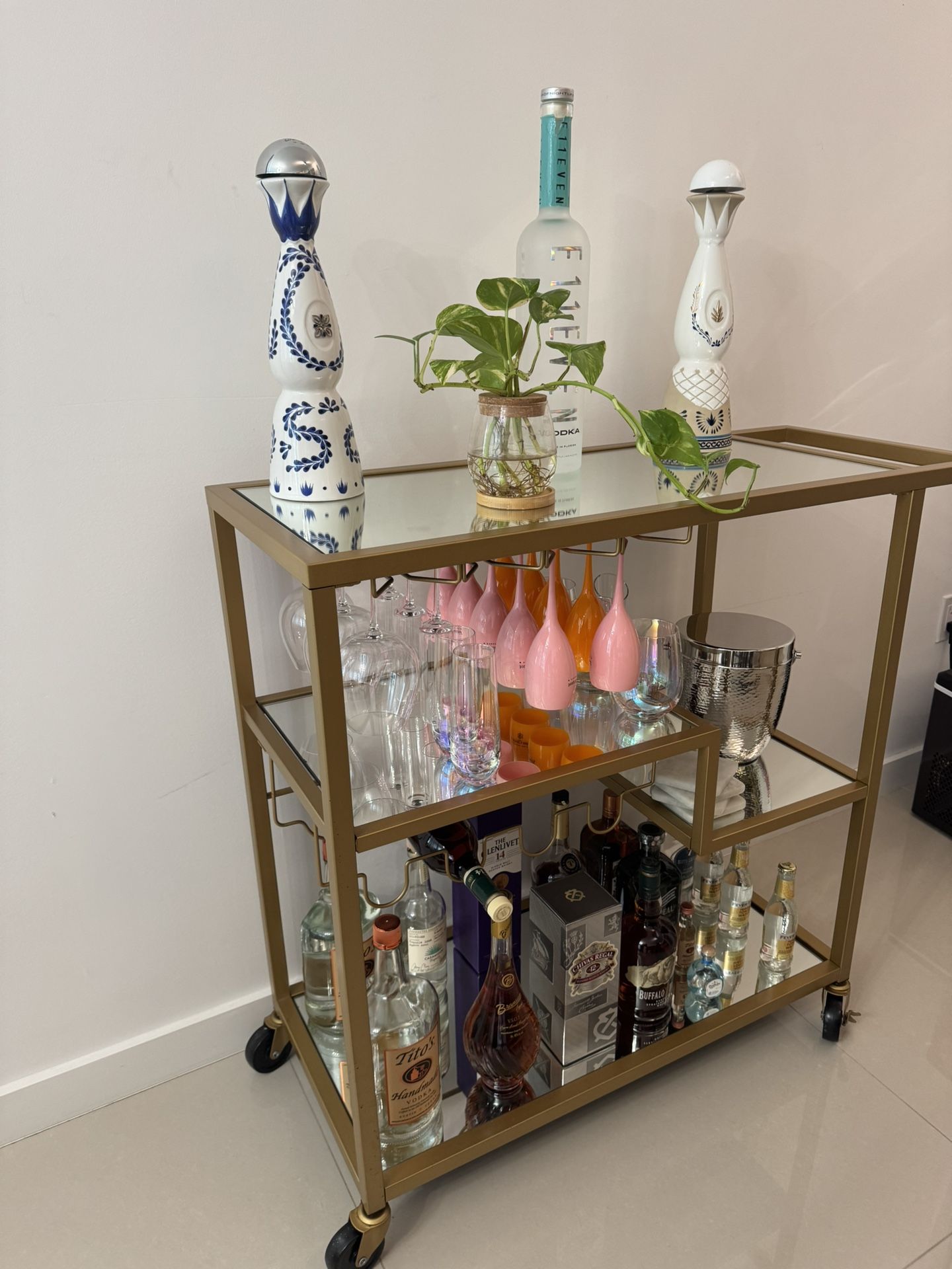 Gold Mirrored Bar Cart / Drink Cart on Wheels – $125