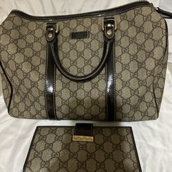 Gucci Boston Tote Bag #193603 & Brown Canvas Long Wallet 