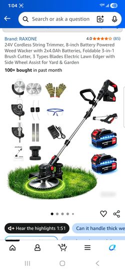 24V Cordless String Trimmer, 8-inch Battery Powered Weed Wacker with 2x4.0Ah Batteries, Foldable 3-in-1 Brush Cutter, 3 Tvpes Blades Electric Lawn Edg