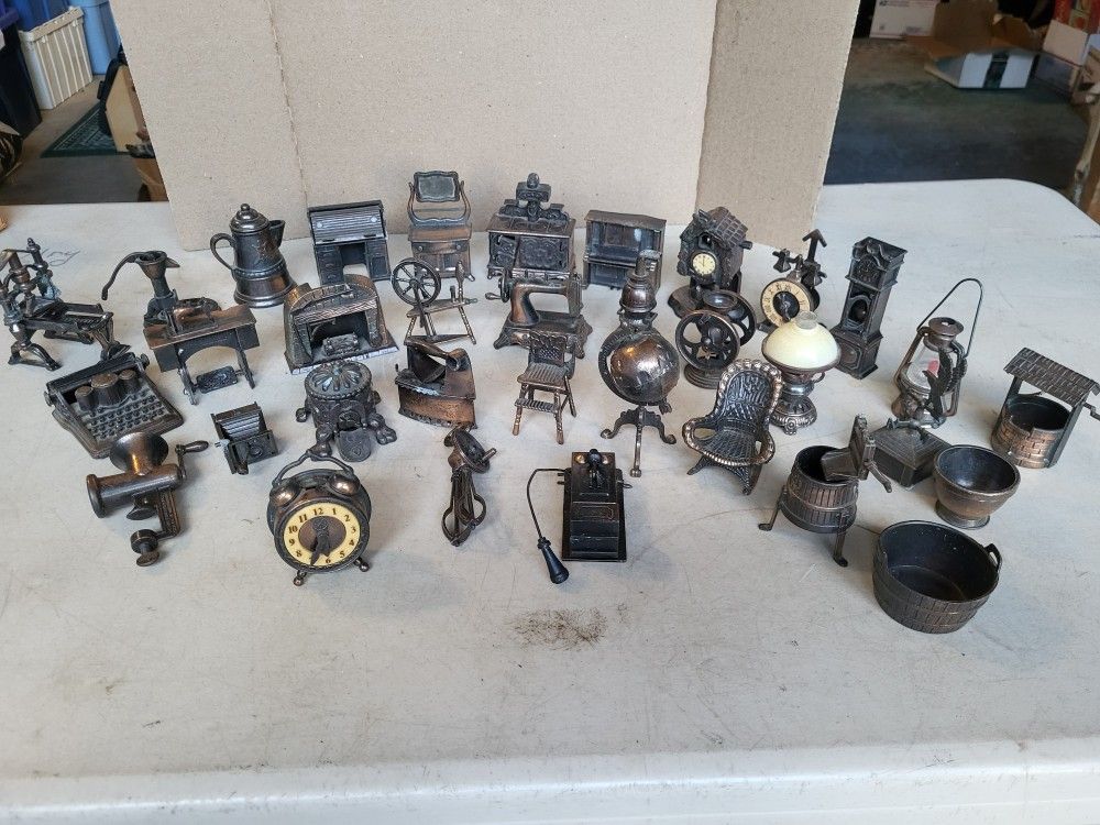 34 Durham Industries Metal Miniatures, Furniture, Clocks, Globe, Chair, Phone,