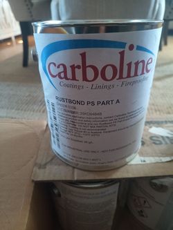 Box of 4 cans, Carboline Rustbond PS Part A is component one of a very low VOC, ultra-surface