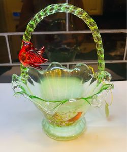 Vintage James Hautman’s “ Cardinal Serenade” hand blown art glass basket with red cardinal