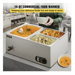  110V Commercial Food Warmer 1x1/2GN and 2x1/4GN, 3-Pan Stainless Steel Bain Marie 16 Qt Capacity,1500W Steam Table 15cm/6inch Deep,Temp. Control