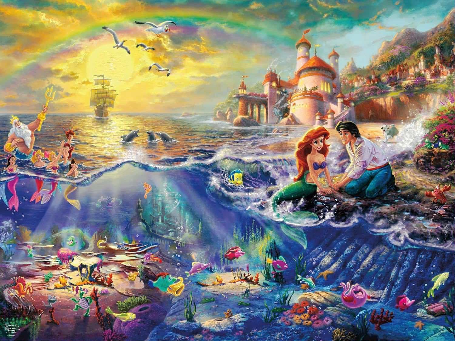 Disney Little Mermaid Completed Jigsaw Puzzle With 18x24” Hanging Frame