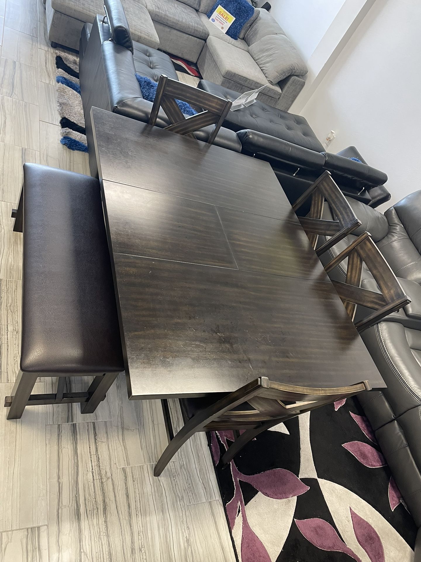 Fourth Of July Sale Starts Starts Now. Kelly Adjustable Dining Table With Four Chairs And Bench Only $599. Easy Finance Option. Same Day Delivery.