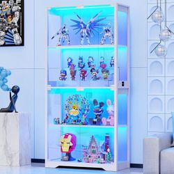 Brand New BROTTAR Display Cabinet with Glass Doors, 4-Tier Display Case, White Curio Cabinet with 3 Color Lights for Collectibles, Storage Cabinets wi