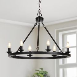 Black Farmhouse Chandelier, 6-Light Wagon Wheel Chandelier with Adjustable Height, Dining Room Light Fixture, Hanging Lights for Kitchen Island, Livin