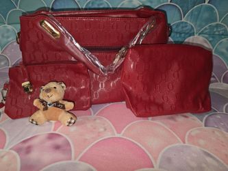 Red Embossed Handbag Set 4 with Pouches