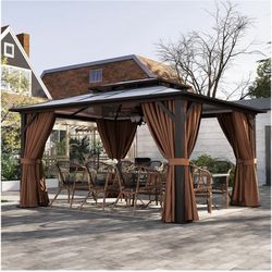 NEW IN BOX, 12’x14’ Polycarbonate Hardtop Gazebo With Curtains And Netting 