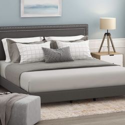 NEW King Bed Frame No Box Spring Needed, Double Row Nail Head Upholstered Platform Bed Frame !