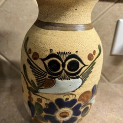 Vintage Mexican Folk Art Pottery Vase w/Hand Painted Owl & Signed by Artist on Bottom