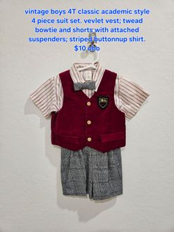 vintage boys 4T classic academic style 4 piece suit set. vevlet vest; twead bowtie and shorts with attached suspenders; striped button-up shirt