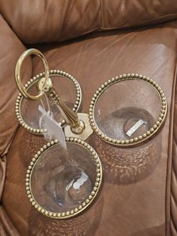 3 Bowl Glass Serving Dish Gold Tone Stand Handle New With Tag