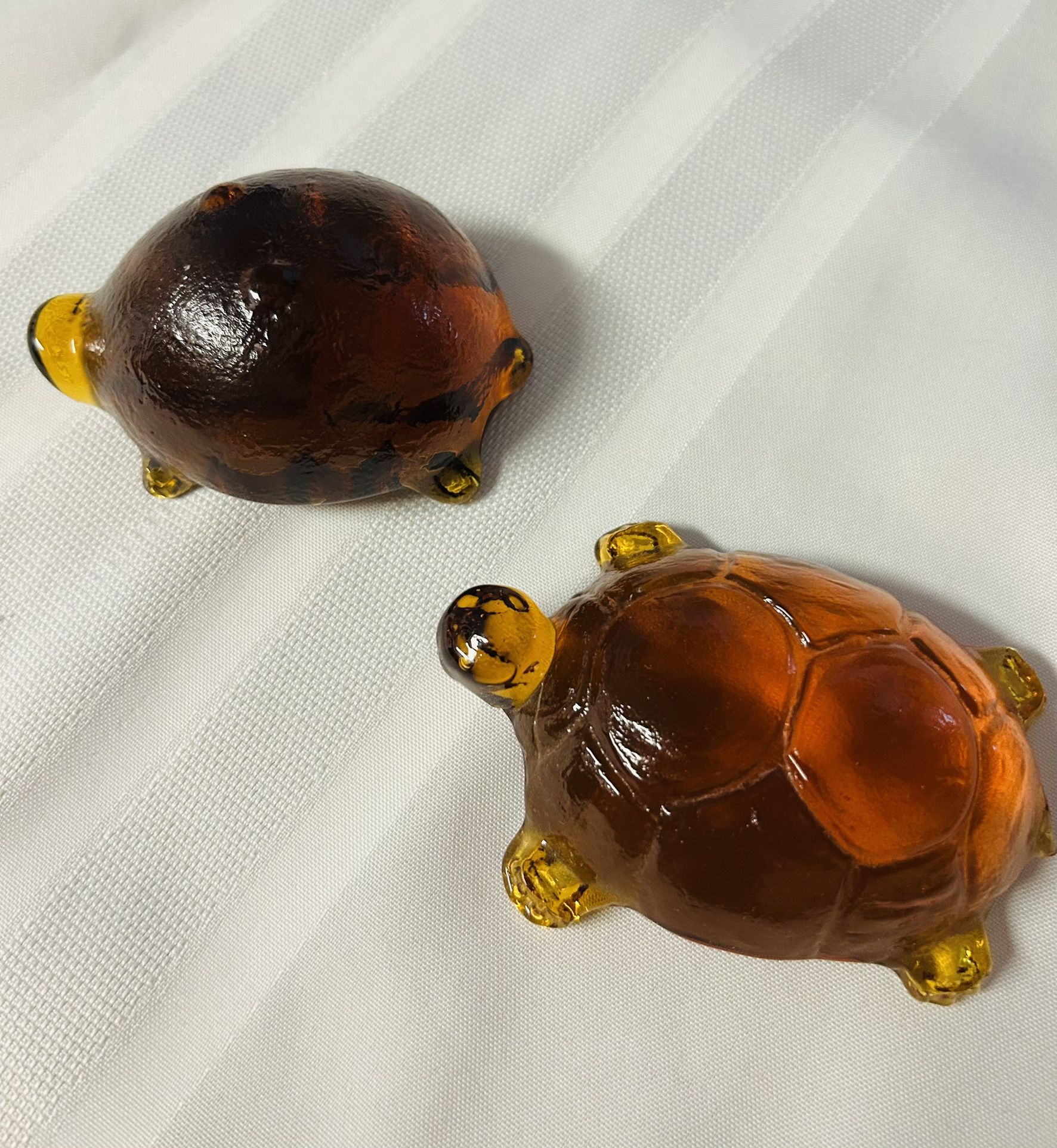 Two Pilgrim Glass Amber Turtle Paperweights