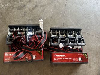 2 Sets Husky Tools Ratchet Tie-Down Straps, 1-Inch, 500 lb Working Load, 4-Pack with Storage Bag, Black and Red