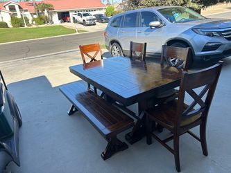 Dark Wood Dining Table Set with Chairs and Bench