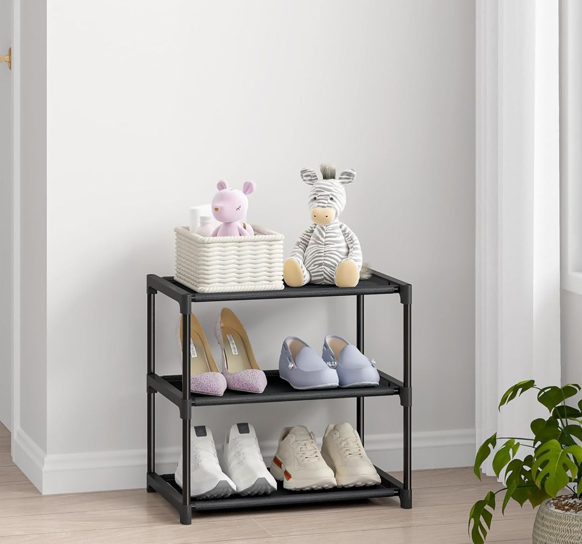 3 Tier Small Shoe Rack, Narrow Stackable Kids Toddler Adult Shoe Storage Organizer Shelf for Closet Floor Front Door Entrance Entryway, Free Standing
