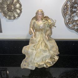 Vintage Golden 12” Angel Christmas Ornament with Ceramic Head & Limbs