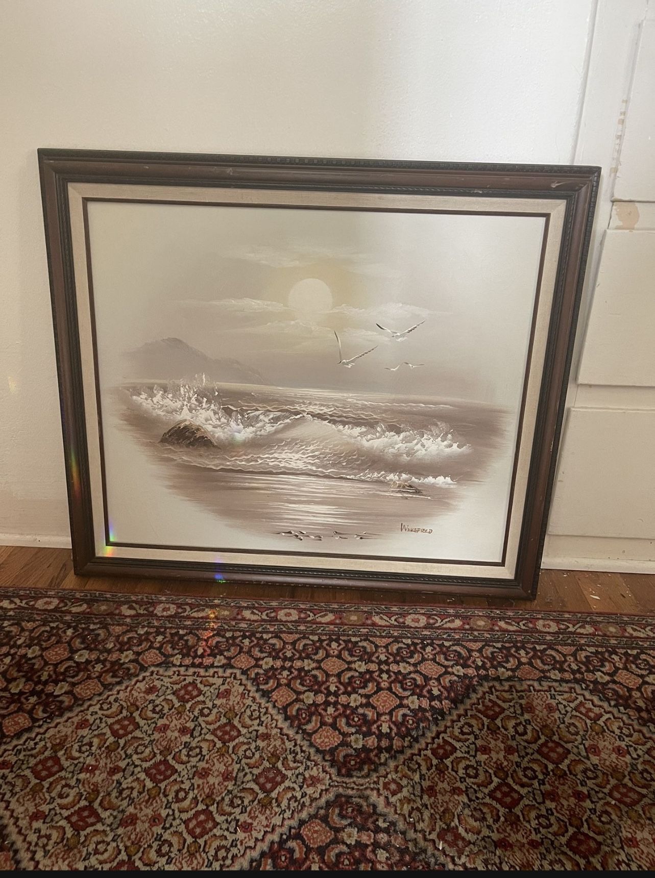 Beach Oil Painting SIGNED FRAMED AUTHENTICATED 28” X 24” Ocean Waves Crashing On Beach & Sunset