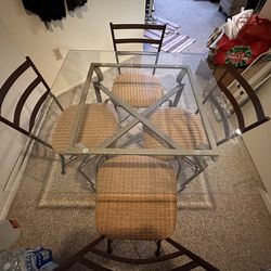 Glass table and 4 chairs grey and tan