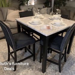 Elegant! 5-pc Counter Height Dining Set With Black Velvet Upholstered Chairs 