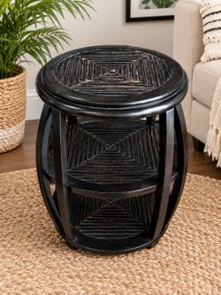 Black Rattan Barrel Side Table