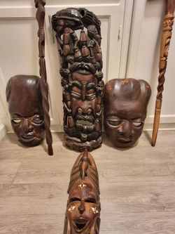 ​Vintage African Tribal Wood Carving Lot - Masks, Walking Sticks, Tree of Life