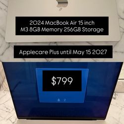 2024 MacBook Air 15 inch M3 8GB Memory 256GB Storage Applecare Plus until May 15 2027