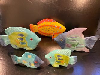 5 Carved Wooden Fish Tiki Bar Ocean Tropical  Beach
